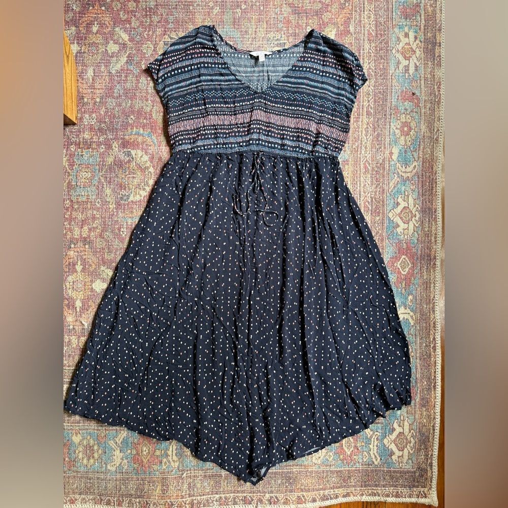 A:glow Maternity women’s Large Dress Navy Blue Pink patterned v neck tie waist